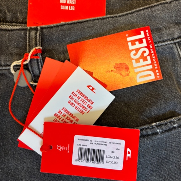 Diesel Black Denim Jeans - Slim Fit/Mid Waist/ Slim Leg 34 x 30 - Picture 7 of 7